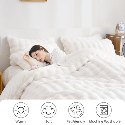Fluffy White Duvet Cover Queen Set, Soft Shaggy Plush Rabbit Bedding Set 3 Pieces (1 Fuzzy Comforter Cover + 2 Faux Fur Pillow Cases) Zipper Closure（White, Queen） - color: White, size: Queen
