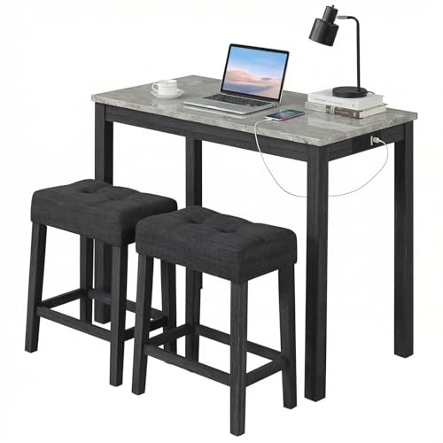 COSTWAY 3-Piece Wooden Bar Table Set with Charging Station | Modern Counter Height Table, Faux Marble Top, 2 Padded Stools, Console Table Set for Living Room, Kitchen, Dining Room, Gray - color: Grey