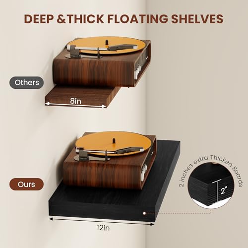Vivelove Square Floating Shelves 12x12” Set of 2, Black | Easy Install with Hardware, Invisible Brackets, No Sagging, Living Room Display Shelf, 2" Thick，Engineered Wood - color: Black, size: 12”wx12”dx2”h