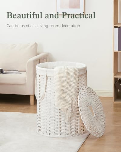 SETVSON Laundry Basket with Lid Round PE Rattan Laundry Hamper, White | 110L Large Woven Basket with Lid, Removable Washable Liner Bag, 2 Mesh Laundry Bags, Foldable Long Side Handles Versatile - color: White, size: 110 L