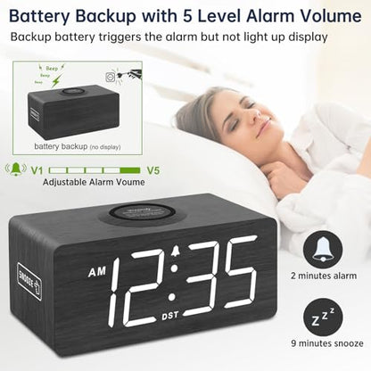 DreamSky Wooden Digital Alarm Clock with Wireless Charging for Bedroom | Bedside Nightstand Clock with Charger Station, USB Port, Large Numbers, Adjustable Volume, Brightness Dimmer, DST - color: Black