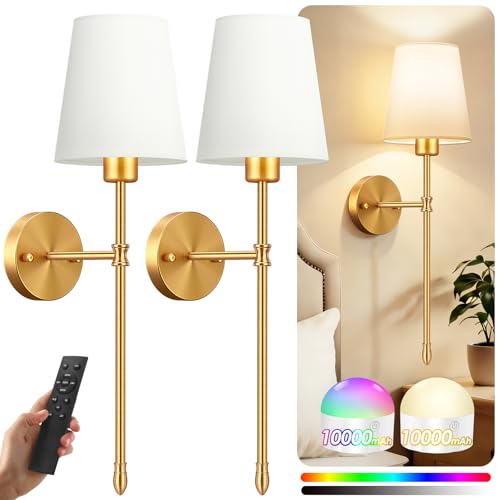 OCATO Battery Operated Wall Sconce 10000mAh Wireless Wall Sconce Set of Two | Rechargeable Lamp Dimmable Magnetic Lights with 7 RGB Colors and Remote Control Walls Decor for Bedroom Living Room Hallway - color: Gold