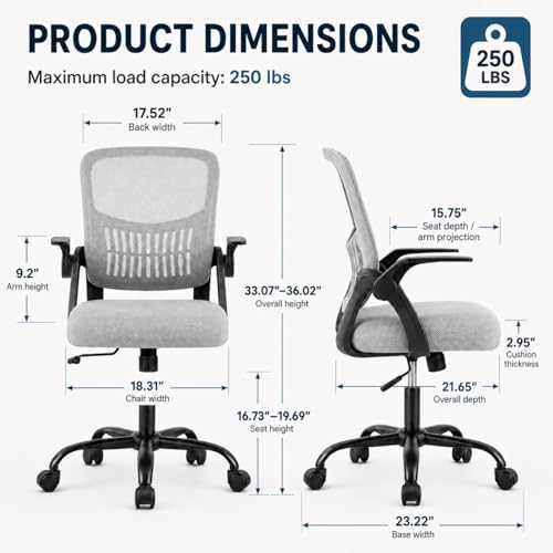 Ergonomic Office Chair, Home Office Desk Chair, Breathable Mesh Desk Chair with Adjustable Lumbar Support and Flip-up Armrests, Game Chairs, 360° Swivel Desk Chairs for Conference, Meeting Room(Grey) - color: Grey