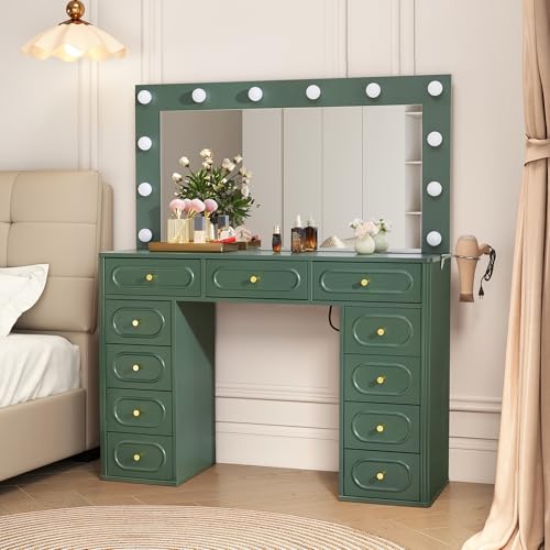 Fluted Vanity Desk with Mirror and Lights, Power Outlets, Modern Wood Vanity Desk Makeup Table with 11 Drawers, 3 Color Modes Dressing Table with Storage for Bedroom, Living Room, Green - style: Green