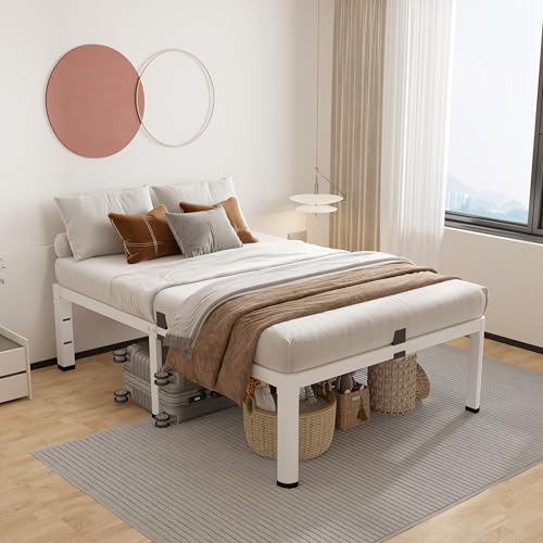 ROIL 18 Inch White Twin Bed Frame with Rounded Corner & 4 Mattress Baffles | Easy Assembly, Noise Free, 3500LBS Load Capacity, No Box Spring Needed, 16.4" Storage Space, Headboard Hole, Heavy Duty Steel - size: Twin, style: 18 Inch White