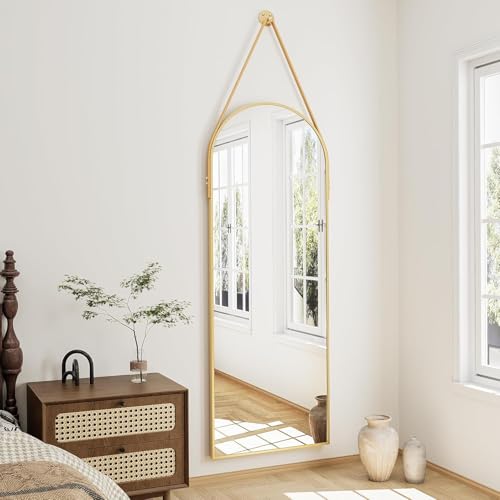 16"x48" Hanging Mirror with Leather Strap,Arched Full Length Mirror with Aluminum Frame Wall-Mounted Hanging Mirrors for Bathroom Vanity Living Room Bedroom Entryway Décor, Gold - color: Gold, size: 48"L x 16"W