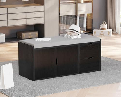 LVB 2-Tier Storage Bench with Padded Seat Cushion Shoe Bench with 2 Drawers | Removable Barn Doors & Adjustable Shelf, Industrial Shoe Bench for Hallway, Bedroom, Living Room,Black Oak, 40 Inch - color: Black Oak