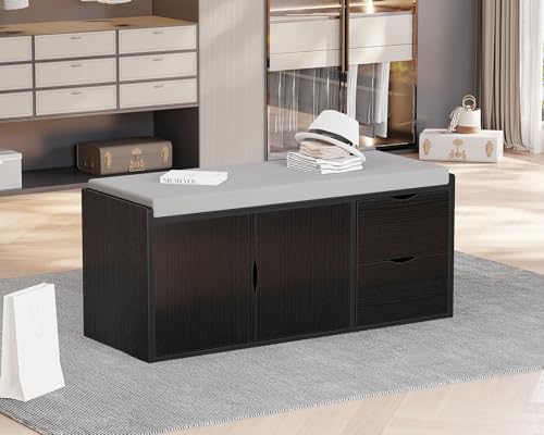 LVB 2-Tier Storage Bench with Padded Seat Cushion Shoe Bench with 2 Drawers | Removable Barn Doors & Adjustable Shelf, Industrial Shoe Bench for Hallway, Bedroom, Living Room,Black Oak, 40 Inch - color: Black Oak