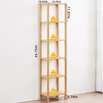 YUFAM 6-Tier Tall Narrow Bookcase, Small Bookshelf for Small Space, Natural - color: Natural, size: 6-Tier