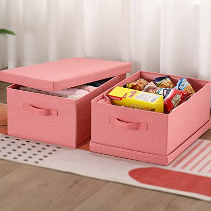 HOONEX Linen Foldable Storage Bins with Lids, 2 Pack, Storage Boxes with Carrying Handles and Sturdy Heavy Cardboard, 16.5" L x 11.8" W x 7.5" H for Shoes, Books, Clothes, Nursery, Pink - color: Pink