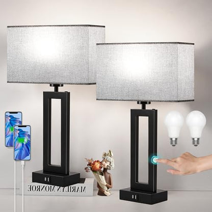 Modern Nightstand Lamps Set of 2 - Touch Control Bedside Table Lamps with USB C&A, 3 Way Dimmable for Bedrooms & Living Room, Gray & Black - color: Grey-Daylight, size: 20IN