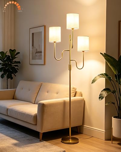 Lightdot 63IN Gold Floor Lamp Dimmable 3-Lights LED Floor Lamps with Cylinder Fabric Shade& Warm White Bulb for Wedding/Party 3-Arm Standing Tall Lamp for Living Room/Bedroom/Sofa Beside/Corner Decor - color: 3 Cylinder-Gold Arm