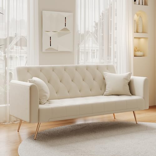 Anwick 72''Modern Velvet Sofa Bed Futon,Convertible Folding Sleeper Couches with 3 Adjustable Backrests,Tufted Recliner Loveseat with Golden Chrome Legs for Living Room Apartment Office (Beige-new) - color: Beige-new