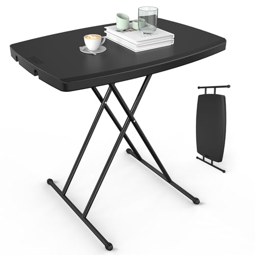 VINGLI 30" Small Folding Table Portable, Laptop TV Tray, Camping Table | 3 Ajustable Height, HDPE Top with Steel Frame,Black- Small Office Spaces, Gaming Station, a Craft Table or Dining - color: Black, size: 32"
