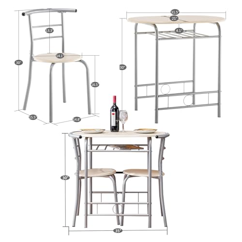 VINGLI 3 Piece Dining Set, Small Kitchen Table Set for 2, Breakfast Table Set, Kitchen Wooden Table with 2 Chairs for Small Space/Dining Room/Apartment, Metal Frame, Wine Rack, Beige - color: Beige