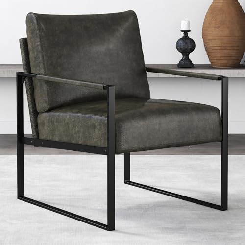 Mid Century Modern Accent Chair, PU Leather Armchair with Metal Frame,Comfy Single Reading Chair with Soft Padded Backrest and Cushion for Living Room, Bedroom,Reading Room,Office,Dark Grey - color: Dark Grey
