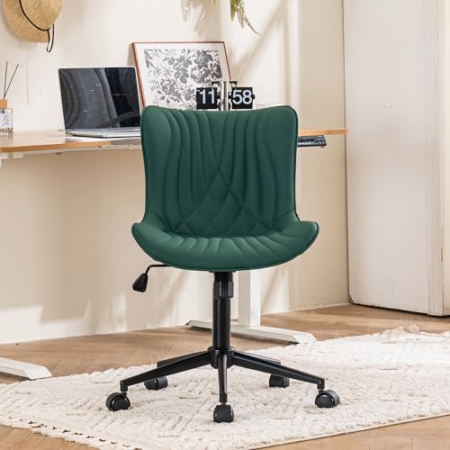 YOUTASTE Dark Green Armless Office Chair, Modern Adjustable Swivel Desk Chair with Wheels, Upholstered PU Leather, Black Metal Legs, Back Support for Home Office, Study, Vanity, Bedroom - color: Dark Green