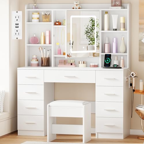 BEWISHOME Vanity Desk with Jewelry Storage,Power Outlet and Cushioned Stool | Makeup Vanity Table with Smart LED Mirror,3 Colors,Dressing Table with 9 Drawers and 6 Shelves for Bedroom Girls White