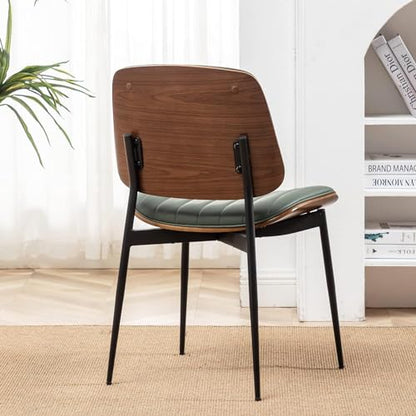LUNLING Dining Chairs Set of 4 Mid Century Modern Retro Faux Leather Chair with Walnut Bentwood Upholstered Seat Metal Legs Chairs,Adjustable Foot for Kitchen Dining Room Chairs(Green) - color: Green, size: Set of 4