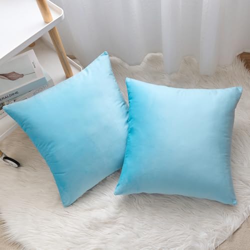 Velvet Decorative Throw Pillow Covers, Soft Square Cushion Case Home Decor for Living Room Couch Bed Sofa, Set of 2 Pack, Light Blue, 18x18 Inch - color: Light Blue, size: 18" x 18" (Pack of 2)