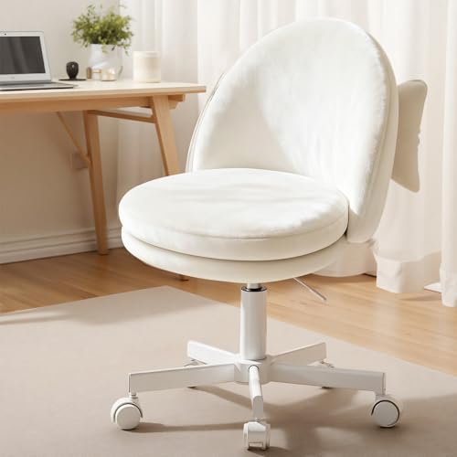 GTPLAYER Velvet Tall Office Chair with Wheels Vanity Chairs with Back, Versatile Height Use: Office to Bar Stools Small Ergonomic Comfy Armlees Computer Desk Chair with Bow Lumbar Pillow for Gift - color: Ve-white