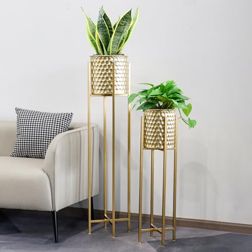 TRIROCKS Set of 2 Planters with Stand Indoor Outdoor Metal Gold Planters for Indoor Plants 30 &40" Tall Morden Planters Flower Pots for Living Room Corner Kitchen Office Garden Balcony Patio Decor - color: Gold