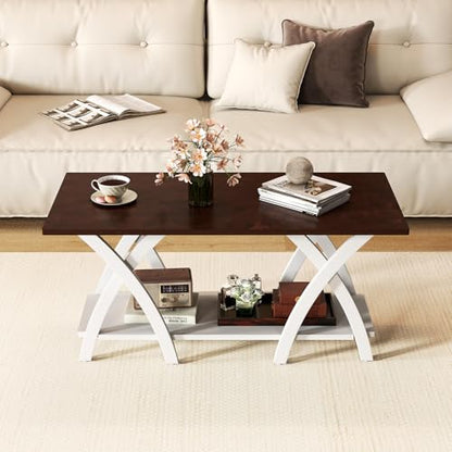 Giantex Farmhouse Coffee Table, 2-Tier Wood Center Table with Storage Shelf & X-Shaped Support Legs, 40 Inch Rectangular Living Room Table with Open Display Area for Small Space (Walnut&White) - color: Walnut & White