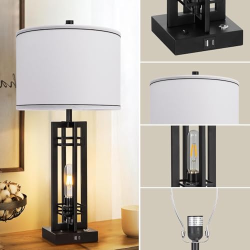 Set of 2 Farmhouse Table Lamps for Living Room,27-inch Bedside Lamps | White Shade Desk Lamps with USB A+C Ports, 3-Level Dimmable Touch Light, 4 LED Bulbs Included, Bedroom Home Office Nightstand - color: White