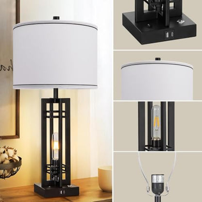 Set of 2 Farmhouse Table Lamps for Living Room,27-inch Bedside Lamps | White Shade Desk Lamps with USB A+C Ports, 3-Level Dimmable Touch Light, 4 LED Bulbs Included, Bedroom Home Office Nightstand - color: White