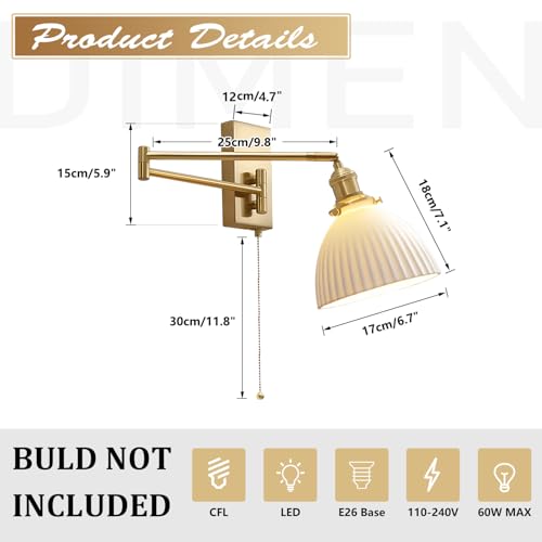 1-Light Bathroom Wall Sconce Modern Farmhouse Gold Swing Arm Wall Sconce Milk Glass Wall Lamp with Pull Chain Single Brushed Brass Wall Mount Light Hardwired Wall Light Fixtures MWL14D-1 - color: D-1Pack