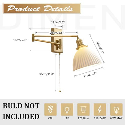1-Light Bathroom Wall Sconce Modern Farmhouse Gold Swing Arm Wall Sconce Milk Glass Wall Lamp with Pull Chain Single Brushed Brass Wall Mount Light Hardwired Wall Light Fixtures MWL14D-1 - color: D-1Pack