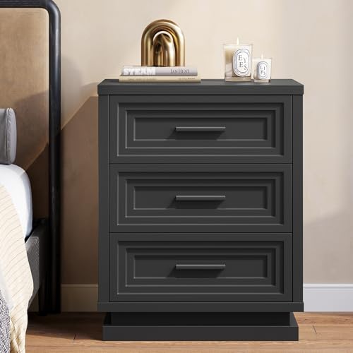 Night Stand, Black Nightstand with 3 Drawers, Bedside Table for Bedroom with Metal Handle, Wood Modern End Tables for Bedroom - size: 1 Piece