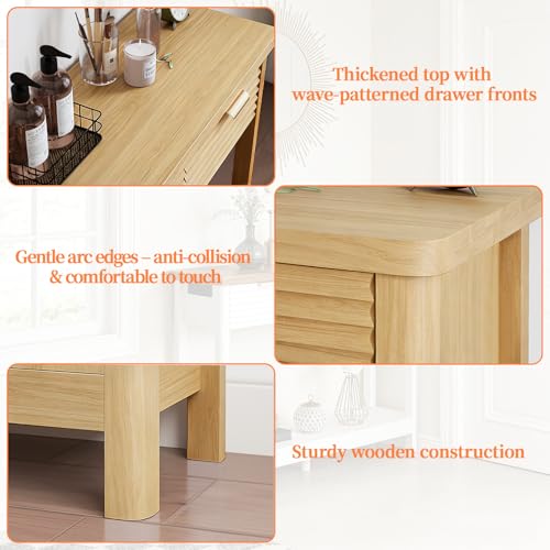 Fluted 47.2" Console Table with Outlets and USB C, Narrow Entryway Table with 3 Drawers, Boho Wood Sofa Table Behind Couch for Living Room, Natural Oak - color: Entryway Table-oak