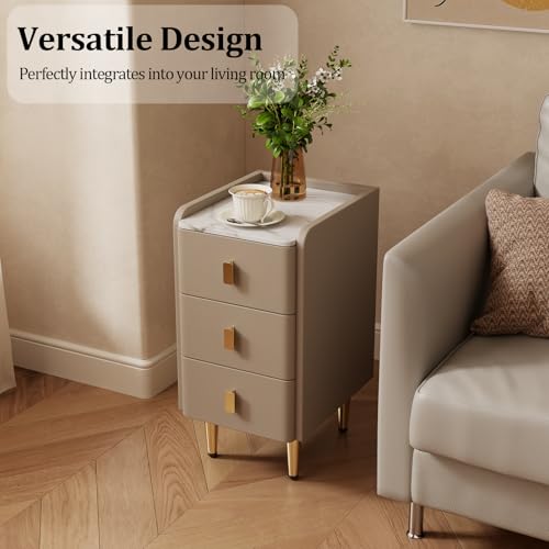 AQIMUELE Narrow Nightstand with Drawers, Narrow Side Table Leather, Small Bedside Tables for Bedroom. (Beige) - color: Beige, size: 11.8''W x 15"D x 22.8"H