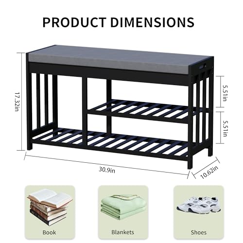 Shoe Rack Bench for Entryway, Bamboo Shoe Storage Bench with Cushion | Flip-Top Cushioned Seat with Hidden Storage | Mixed-Height Wooden Shoe Rack for Boots | Hallway, Bedroom & Front Door - color: Black
