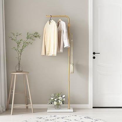 TIEOU Gold Coat Racks, Metal Coat Racks Freestanding with Crossbar and 3 Hooks, Modern Coat Hanger with Marble Base, L Shaped Coat Stand for Entryway, Bedroom, Living Room, Office - color: Coat-L-gold