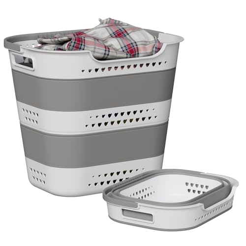 Collapsible Plastic Laundry Basket Hamper with Handles for Clothes Storage | Large, 42L, Portable Rubber, Pop Up, Breathable Design, Lightweight, for Home, Washing Room, Bathroom, Dorm - color: Grey, size: 42L