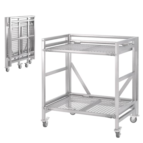 2 Shelf Rolling Cart with Wheels, 660lbs Capacity Collapsible Steel Rolling Utility Cart, Heavy-Duty Foldable Hand Truck, Metal Storage Carts with Handle for Groceries, Warehouse (36" Lx26 W) - color: Net