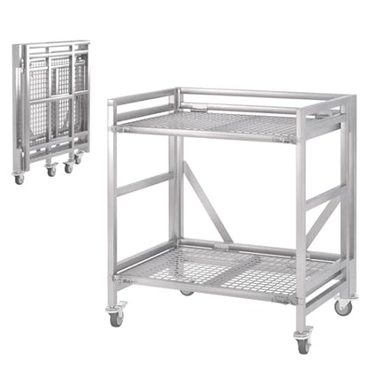 2 Shelf Rolling Cart with Wheels, 660lbs Capacity Collapsible Steel Rolling Utility Cart, Heavy-Duty Foldable Hand Truck, Metal Storage Carts with Handle for Groceries, Warehouse (36" Lx26 W) - color: Net