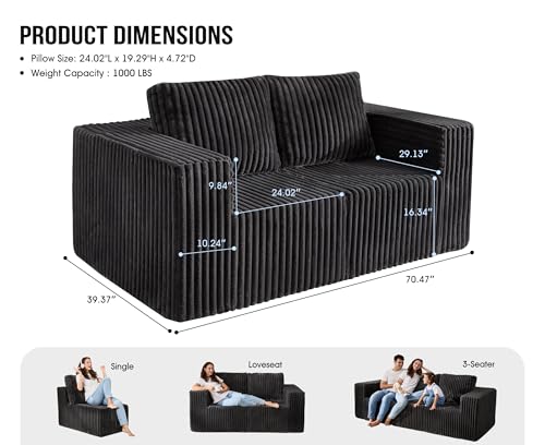 Hobestluk 2 Seater Modular Couch with Deep Seat Oversized Sectional Sofa | Strip GREY,Loveseat,Cozy Fabric,Memory Foam,No Assembly,Cloud Chair,With Pillows,For Livingroom Bedroom,Free Combination - color: Grey, size: Loveseat