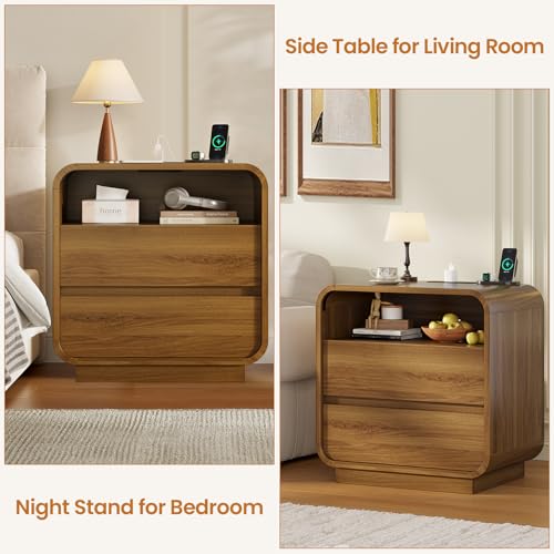 HAUOMS 23.6" Wide Wood Bedside Table, Curved Profile Design, Walnut | Charging Station, 2 Storage Drawers, 25" Tall Nightstand, Large Mid Century End Table, Bedroom/Living Room, Easy Assembly - color: Walnut