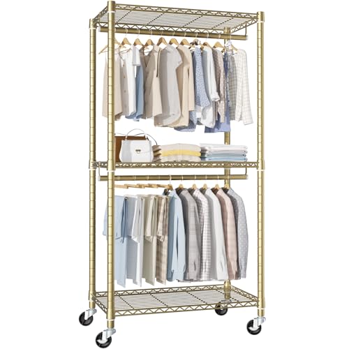 P1 Medium Heavy-Duty Portable Closet, 30" W x 14" D x 76" H, Gold | Metal Rolling Clothing Rack, Closet System with Wheels and Shelves for Hanging Clothes, Portable Wardrobe Organizer Storage - color: Gold, size: P1 Medium