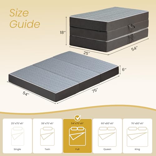 Tri Folding Mattress Full Size - 6 Inch Dual-Layer Memory Foam Foldable Mattress Portable Futon Sofa Bed with Removable Washable Cover, Handle & Non-Slip Bottom for Guest, Camping, RV, Yoga, Home Use - size: Full