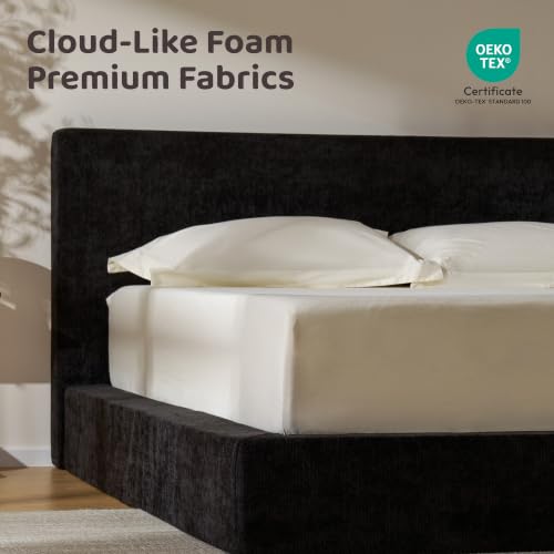 RECCI AirFrame Queen Upholstered Bed Frame with Plush Padded Headboard | Plush Padded Headboard, 360° Soft Foam Surround, Low Profile Cloud Bed Frame, No Box Spring Required, Easy Assembly - color: Onyx Black, size: Queen