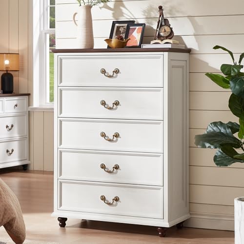 Joaxswe Farmhouse 5 Drawer Dresser for Bedroom, 45" Tall Rustic Chests of Drawers w/ 4 Solid Wood Feet, Mid Century Modern Wooden Closet Storage Dressers Organizer for Living Room, Hallway, White - color: White, size: 15.7"D x 31.5"W x 44.9"H (5 Drawers)