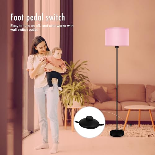 Pink Floor Lamps, Standing Lamp for Girls Room, 58" Tall Floor Lamp with Lampshade, Foot Pedal Switch, Modern Bright Floor Lamps for Living Room/Bedroom/Kids Room, Pink Lamp for Girls' Gift(NO Bulb) - color: Black + Pink Lampshade