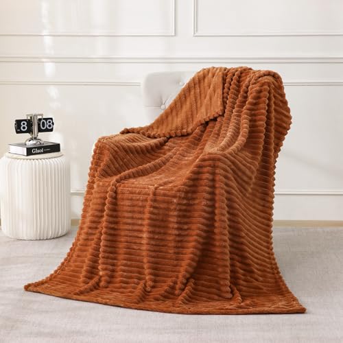 Burnt Orange Fleece Throw Blanket 90”×90” for Couch Sofa Livingroom | Linecooo Super Soft Cozy Plush Microfiber Flannel Bed Blanket Striped Design Lightweight Home Decor Gifts for Adult Mom Women - color: Burnt Orange, size: 90×90inch
