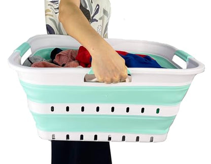 SAMMART 42L (11 gallon) Collapsible Plastic Laundry Basket - Foldable Pop Up Storage Container/Organizer - Space Saving Hamper/Basket (1, White/Light Green) - color: White/Light Green