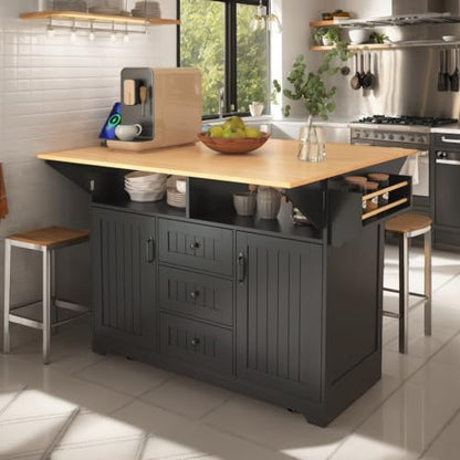 Kitchen Island with 2 Drop Leaf, Home Cart Island on Wheels Foldable Dining Table with Power Outlets,3 Drawers,Storage Cabinet, Tower Rack(Black) - color: Black