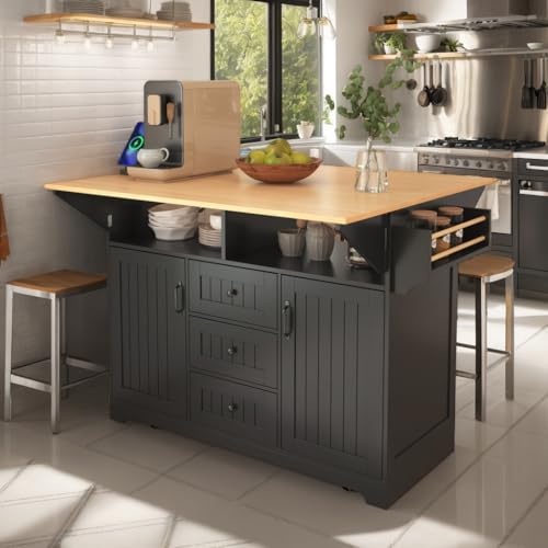 Kitchen Island with 2 Drop Leaf, Home Cart Island on Wheels Foldable Dining Table with Power Outlets,3 Drawers,Storage Cabinet, Tower Rack(Black) - color: Black